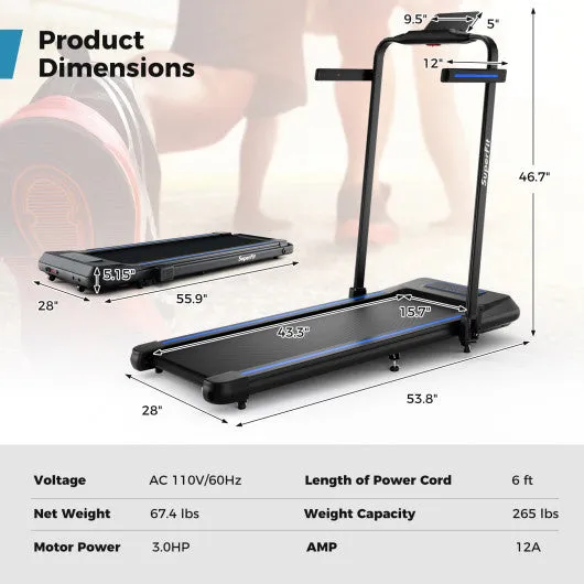 2 in 1 Folding Treadmill with Incline with Remote Control-Blue