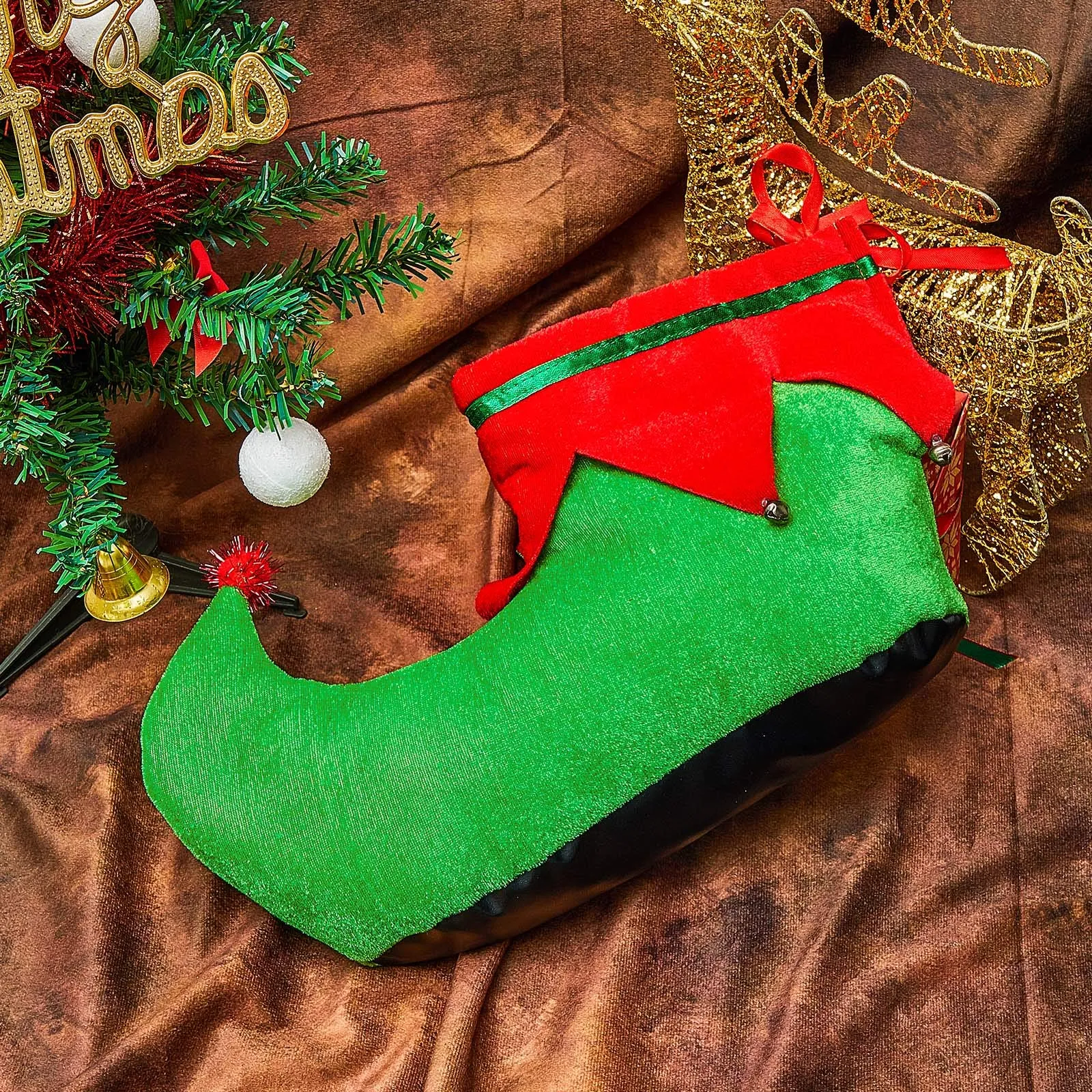 3 Pairs Elf Shoes Christmas Elf Flannel Booties Xmas Costume Slipper Shoes with Christmas Bells for Holiday Party