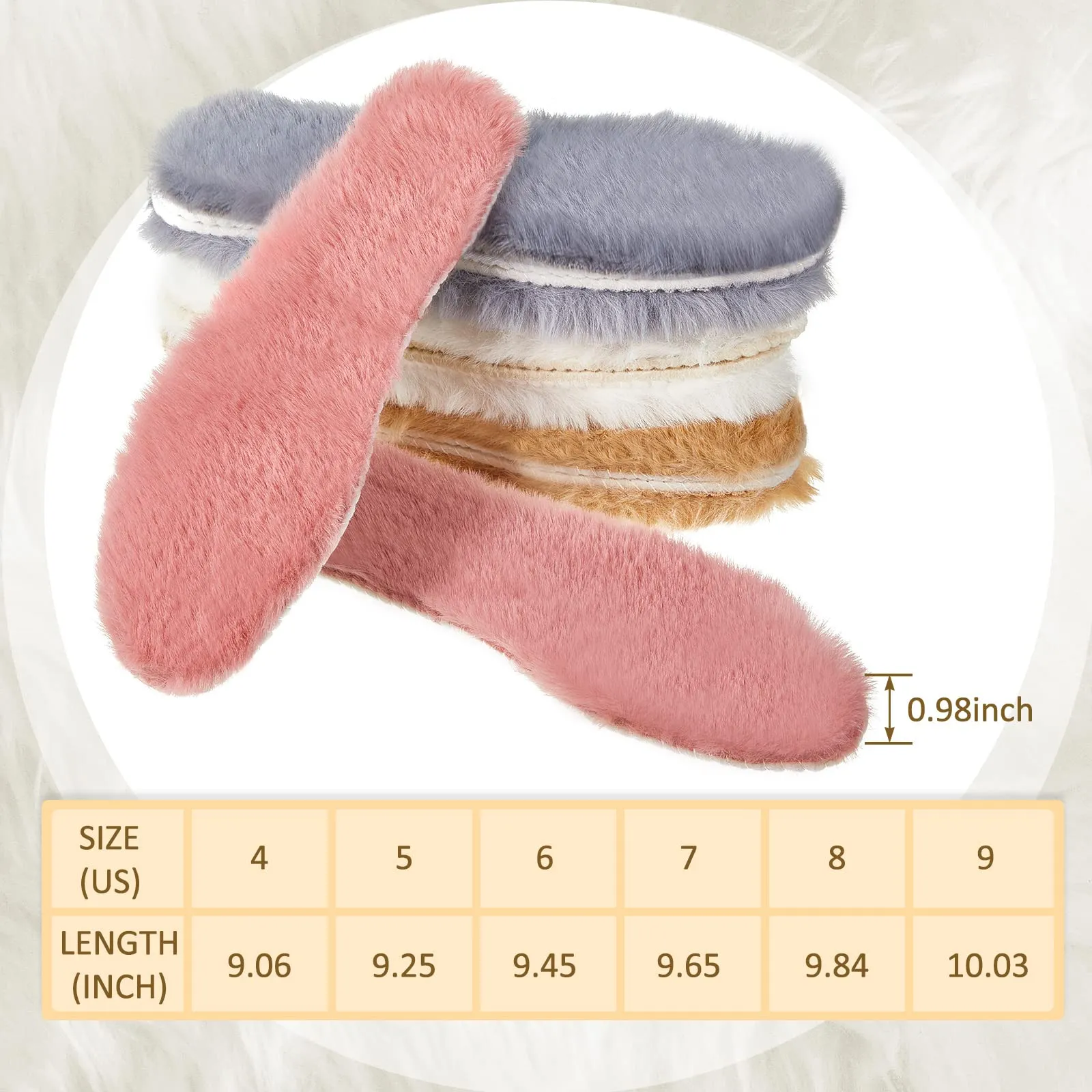 4 Pairs Sheepskin Insoles for Women Warm Think Fuzzy Wool Shoe Insoles for Cold Weather Soft Inserts for Home Shoes Boots Slippers (Women 8 Medium US) Women 8 Medium US