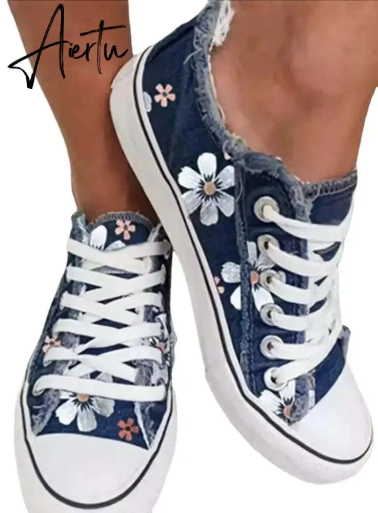 Aiertu Shoes Women Low Top Canvas Shoes Retro Single Shoes Ladies Denim Fabric Lace Up Casual Shoes Female Sneakers Size 43