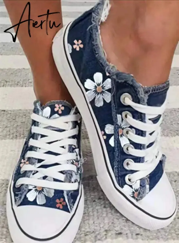 Aiertu Shoes Women Low Top Canvas Shoes Retro Single Shoes Ladies Denim Fabric Lace Up Casual Shoes Female Sneakers Size 43