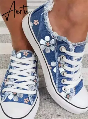 Aiertu Shoes Women Low Top Canvas Shoes Retro Single Shoes Ladies Denim Fabric Lace Up Casual Shoes Female Sneakers Size 43