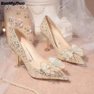 Amozae    Glitter Rhinestones Women Pumps Crystal bowknot Satin High Heels   Summer Party Wedding Prom Fashion Pointed Toe Shoes