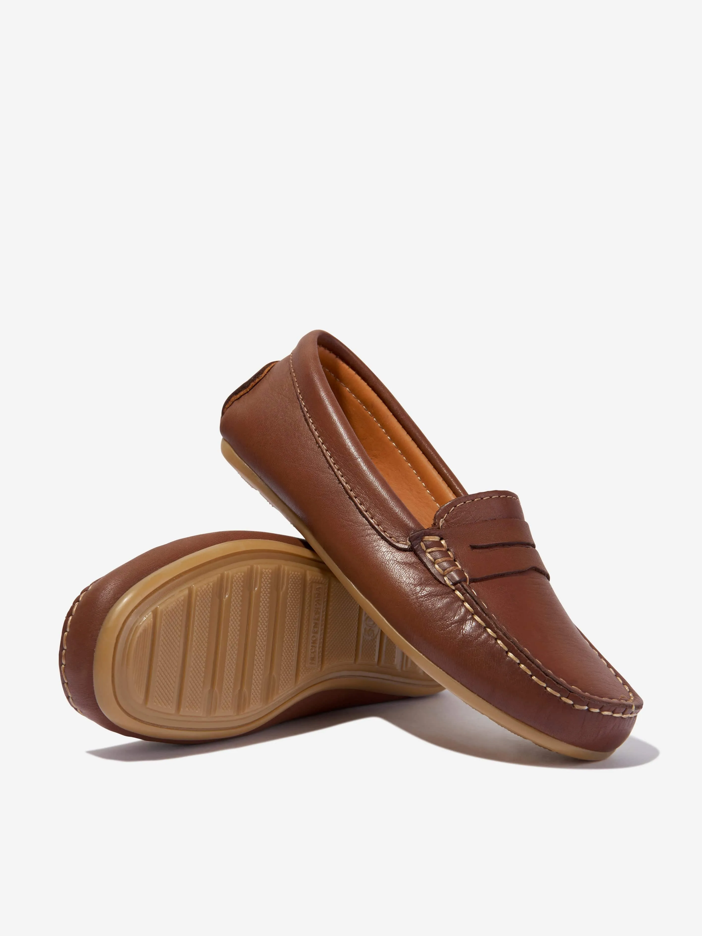 Andanines Boys Leather Boat Shoes in Tan