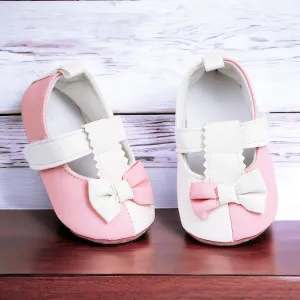 Baby Moo Colour Block Bow Velcro T-Strap Anti Skid- Ballerina Booties - Pink, White