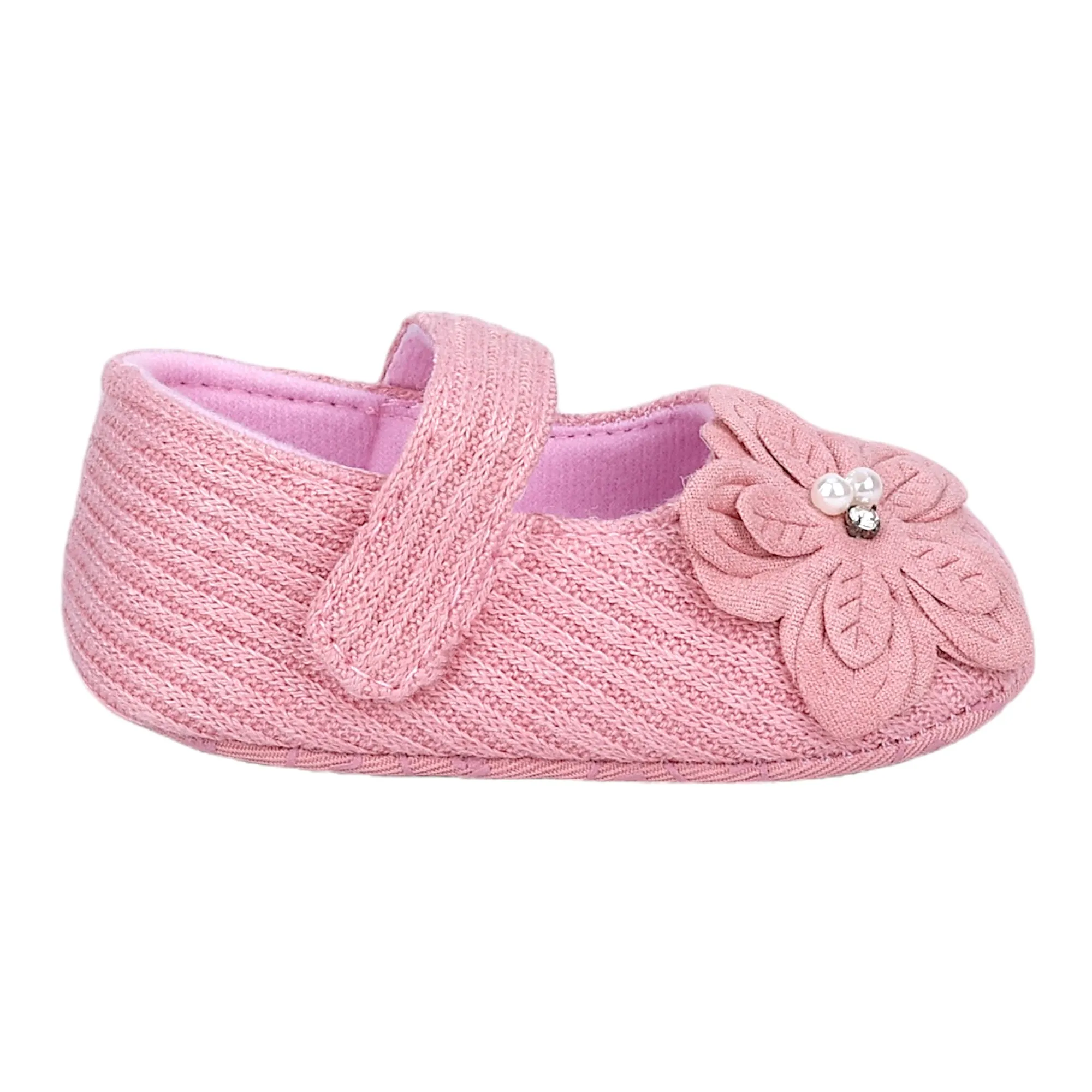 Baby Moo Elegant Embellished Flower Velcro Strap Anti-Skid Ballerina Booties - Pink