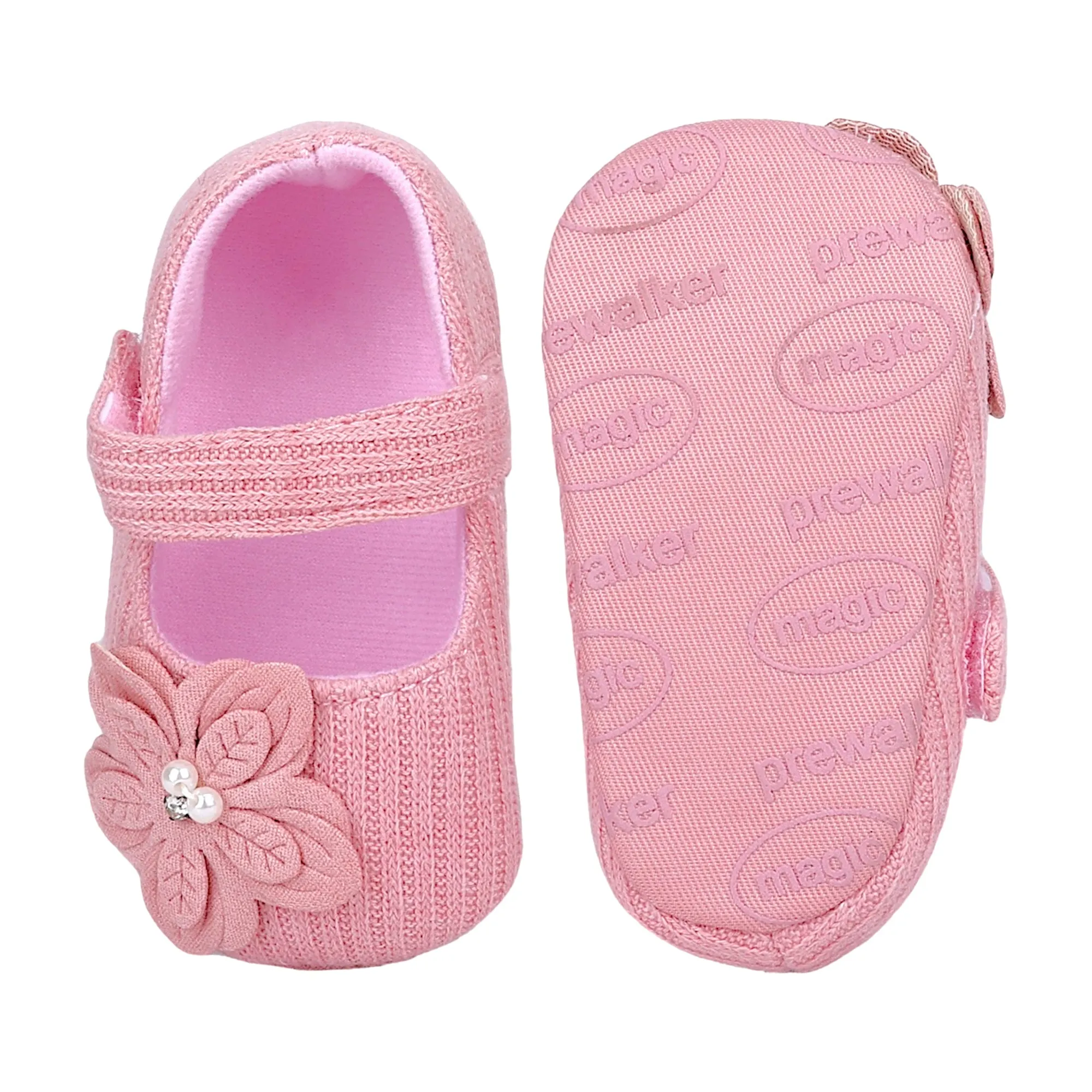 Baby Moo Elegant Embellished Flower Velcro Strap Anti-Skid Ballerina Booties - Pink