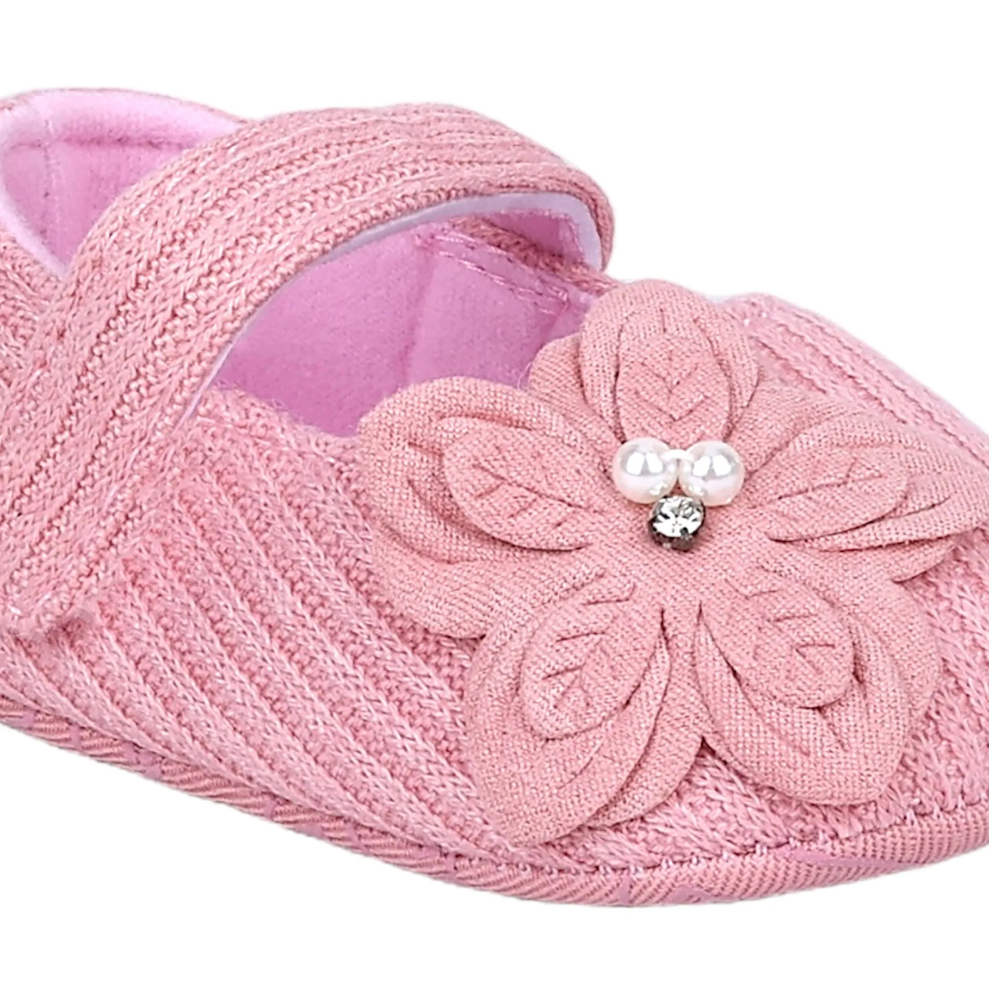 Baby Moo Elegant Embellished Flower Velcro Strap Anti-Skid Ballerina Booties - Pink