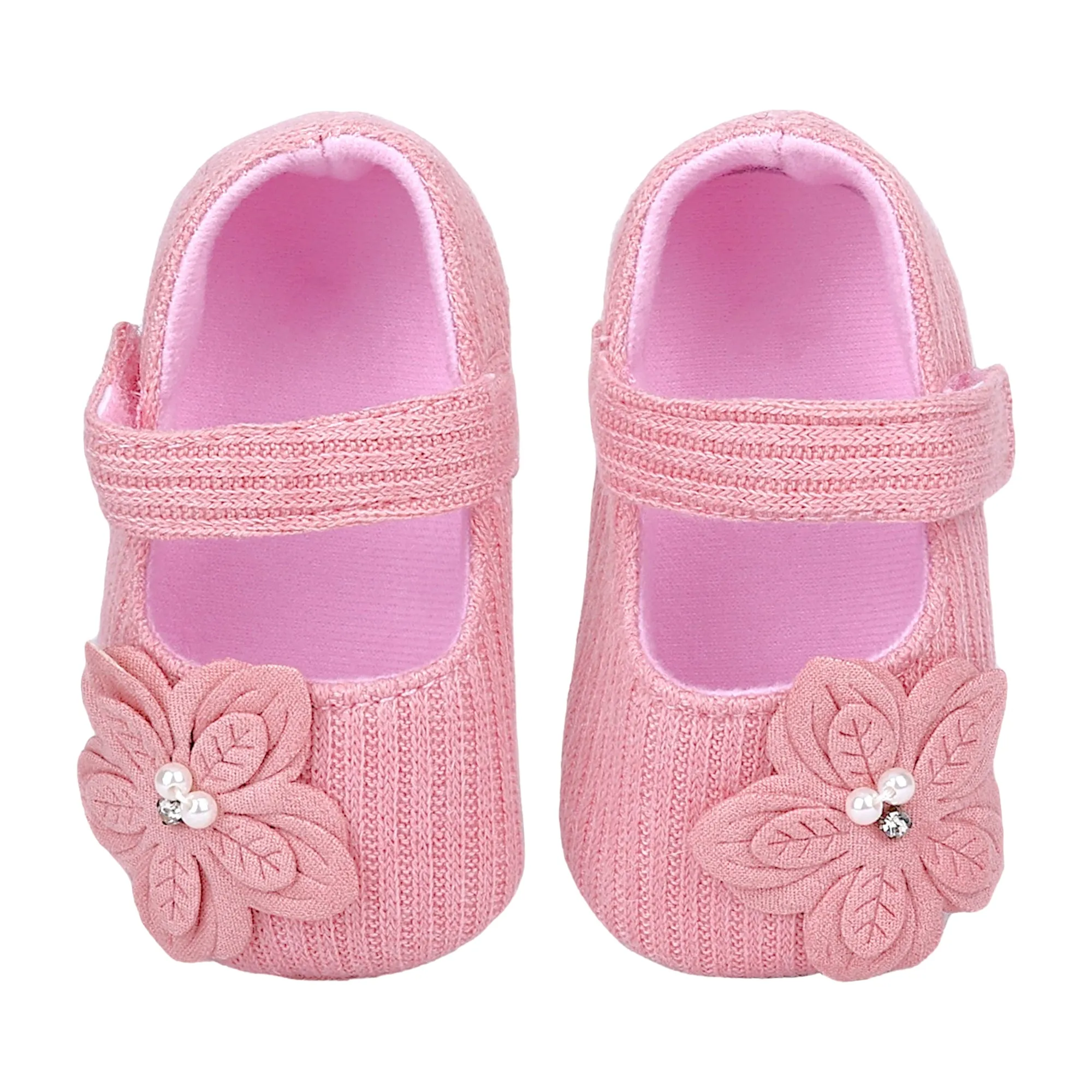 Baby Moo Elegant Embellished Flower Velcro Strap Anti-Skid Ballerina Booties - Pink