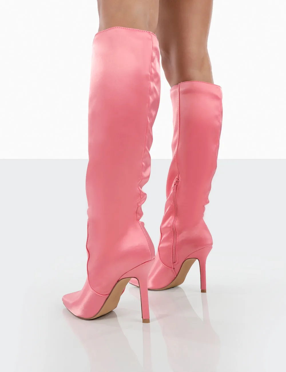 Best Believe Pink Satin Pointed Toe Stiletto Heeled Knee High Boots