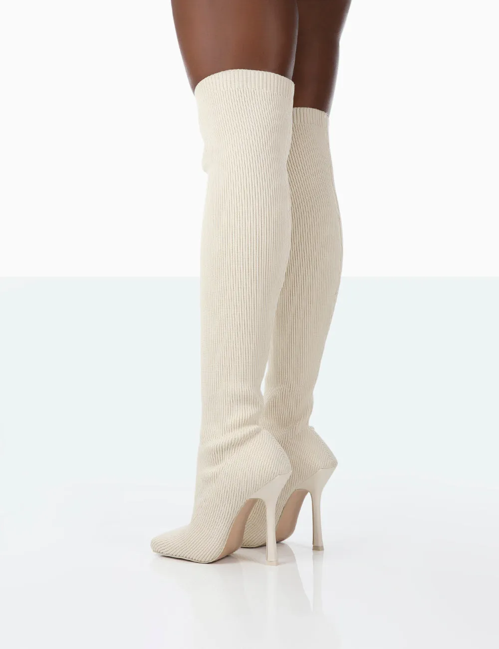 Bubbles Ecru Knitted Square Toe Over The Knee Stiletto Boots