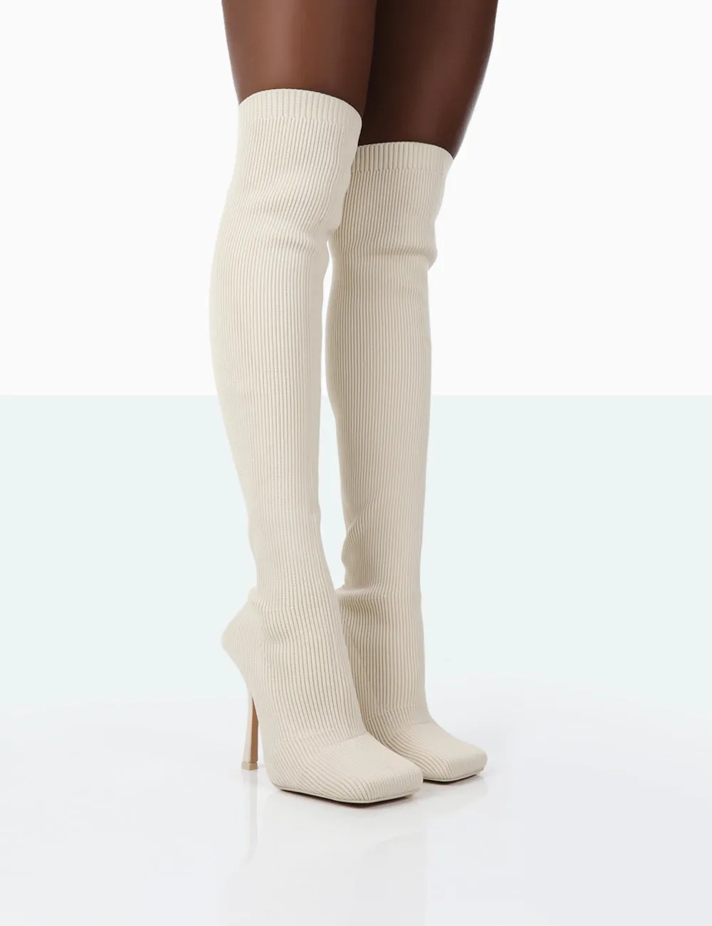 Bubbles Ecru Knitted Square Toe Over The Knee Stiletto Boots