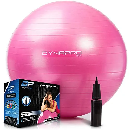 DYNAPRO - Exercise Ball, Extra Thick Anti-Burst Material, Heavy Duty Yoga Ball for Workout, Pregnancy and Physical Therapy, Hand Pump and Exercise Resources Included, Pink