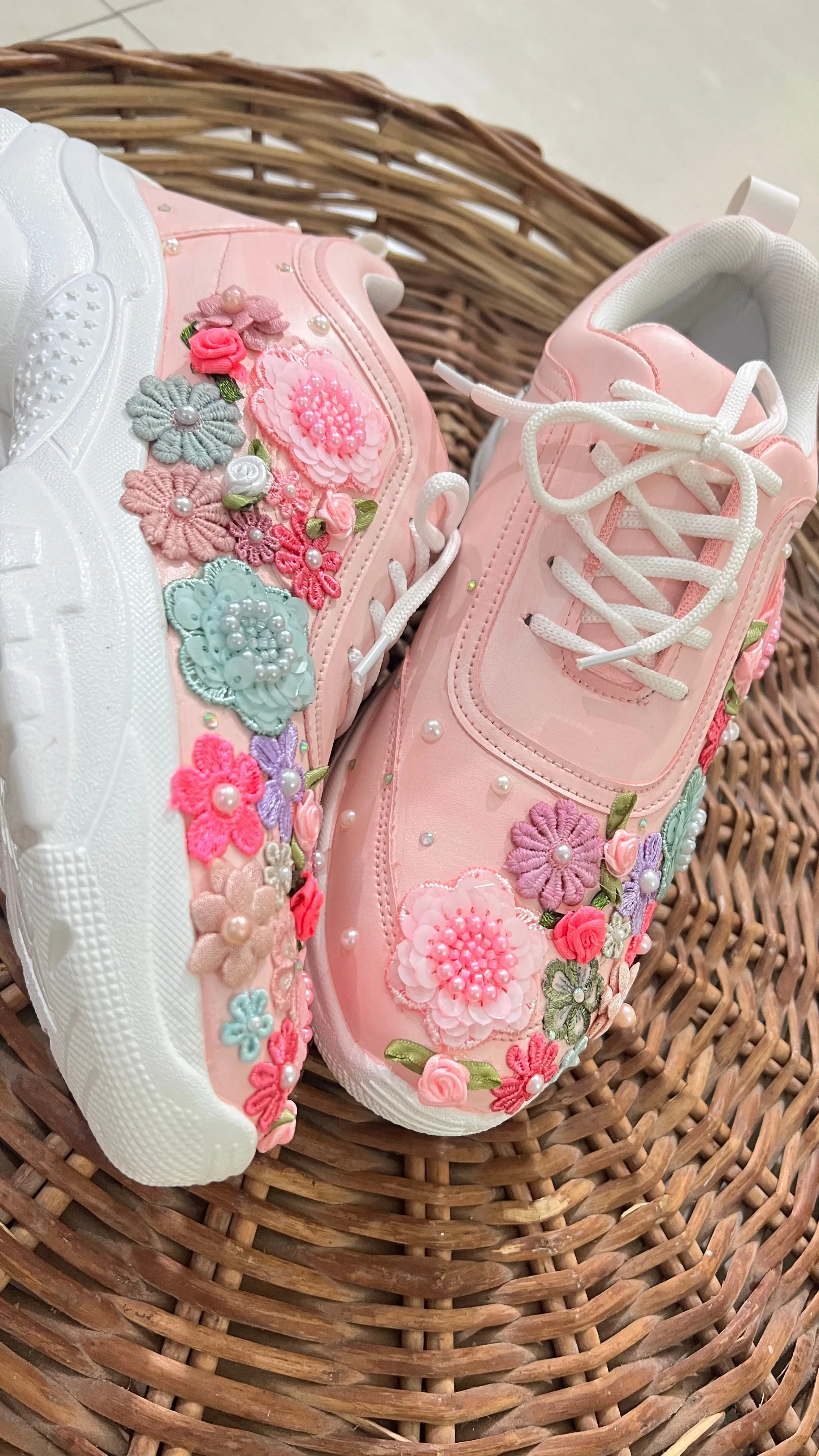 FUNKY N TRENDY hand embroidered floral work sneakers/ soft peach sneakers /bridal shoes / bridal sneakers / floral sneakers/flower shoes /bridesmaid sneakers/ pink shoes / pink sneakers/ peach sneakers