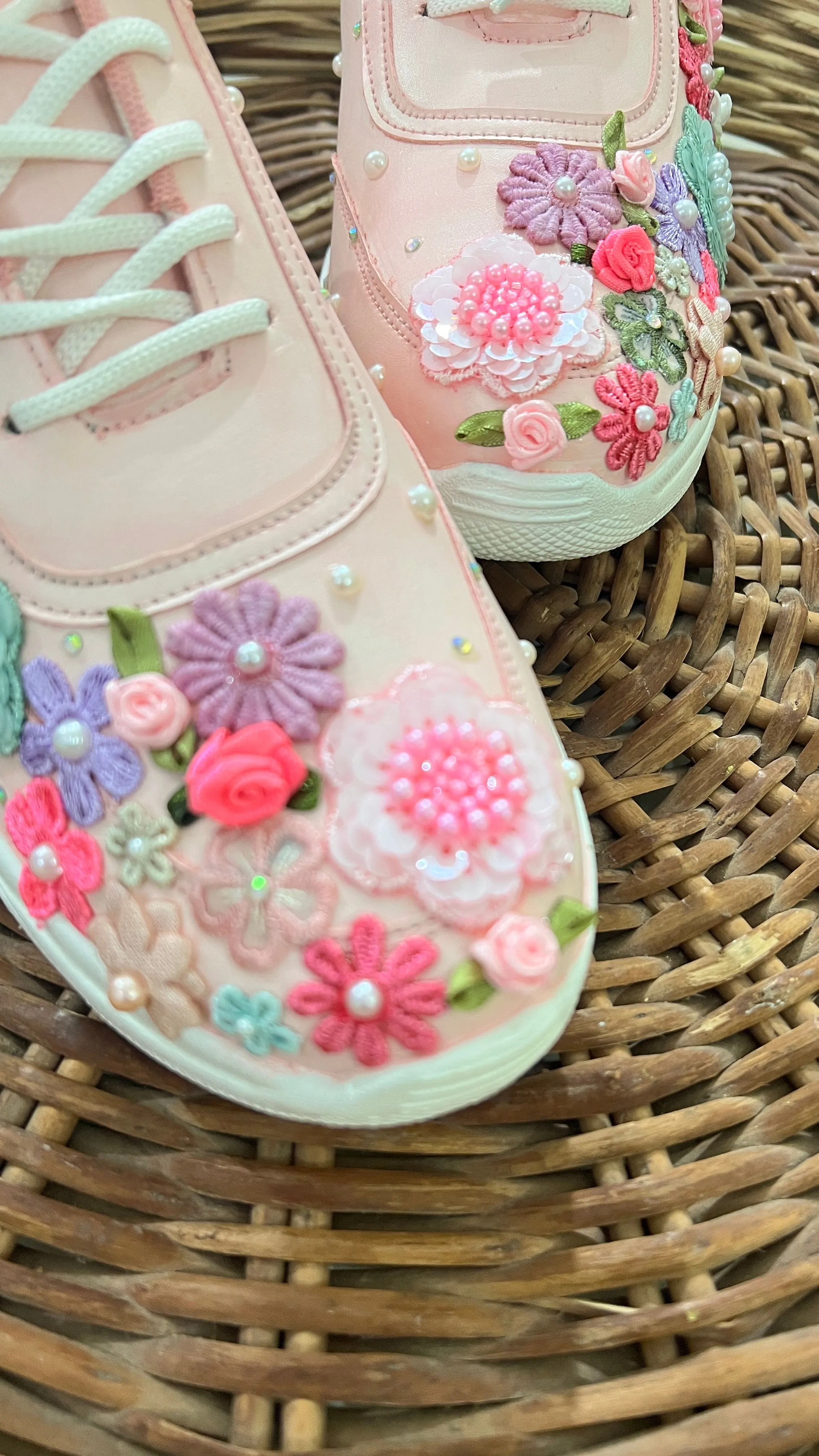 FUNKY N TRENDY hand embroidered floral work sneakers/ soft peach sneakers /bridal shoes / bridal sneakers / floral sneakers/flower shoes /bridesmaid sneakers/ pink shoes / pink sneakers/ peach sneakers