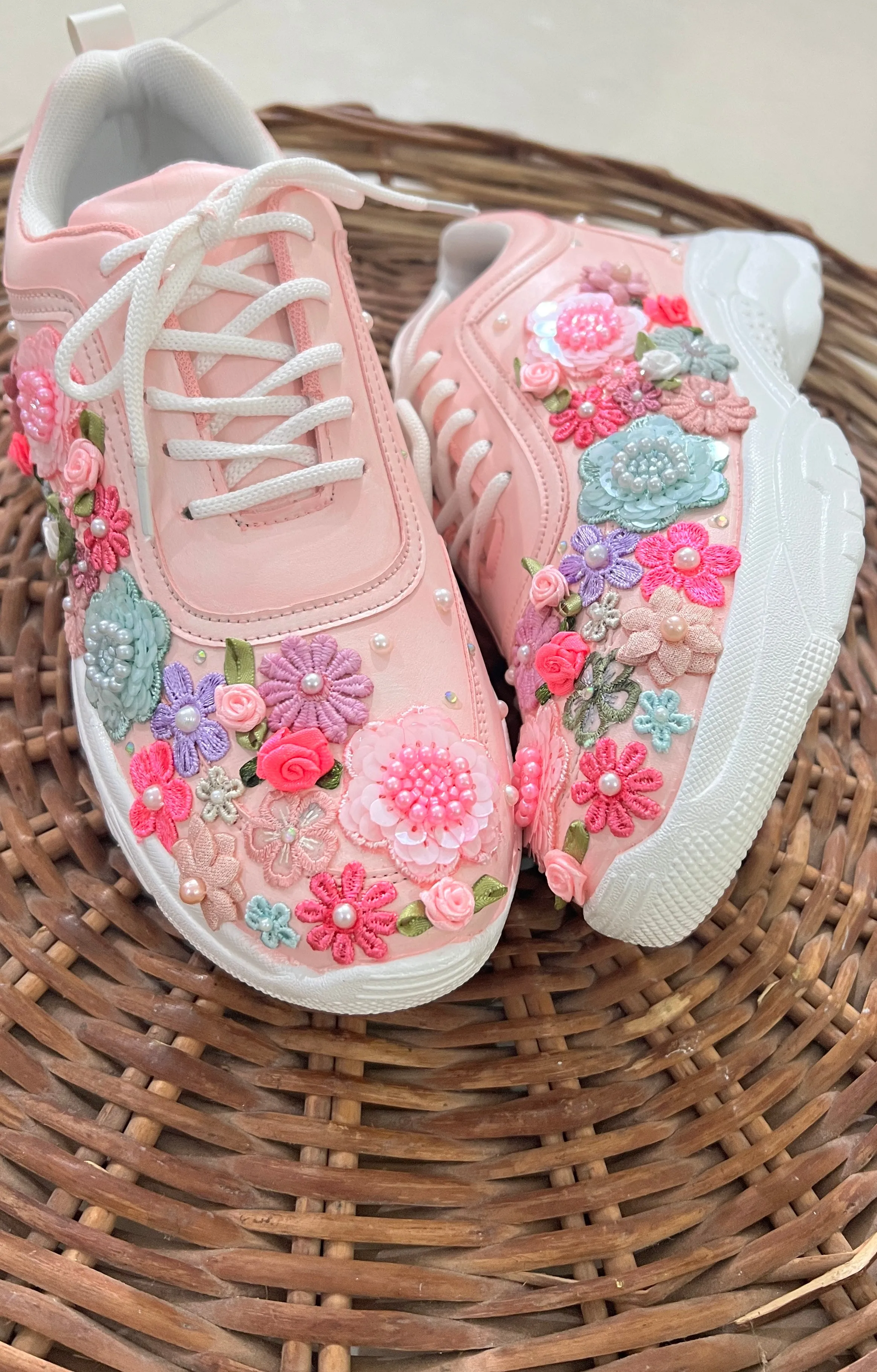 FUNKY N TRENDY hand embroidered floral work sneakers/ soft peach sneakers /bridal shoes / bridal sneakers / floral sneakers/flower shoes /bridesmaid sneakers/ pink shoes / pink sneakers/ peach sneakers