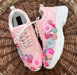 FUNKY N TRENDY hand embroidered floral work sneakers/ soft peach sneakers /bridal shoes / bridal sneakers / floral sneakers/flower shoes /bridesmaid sneakers/ pink shoes / pink sneakers/ peach sneakers