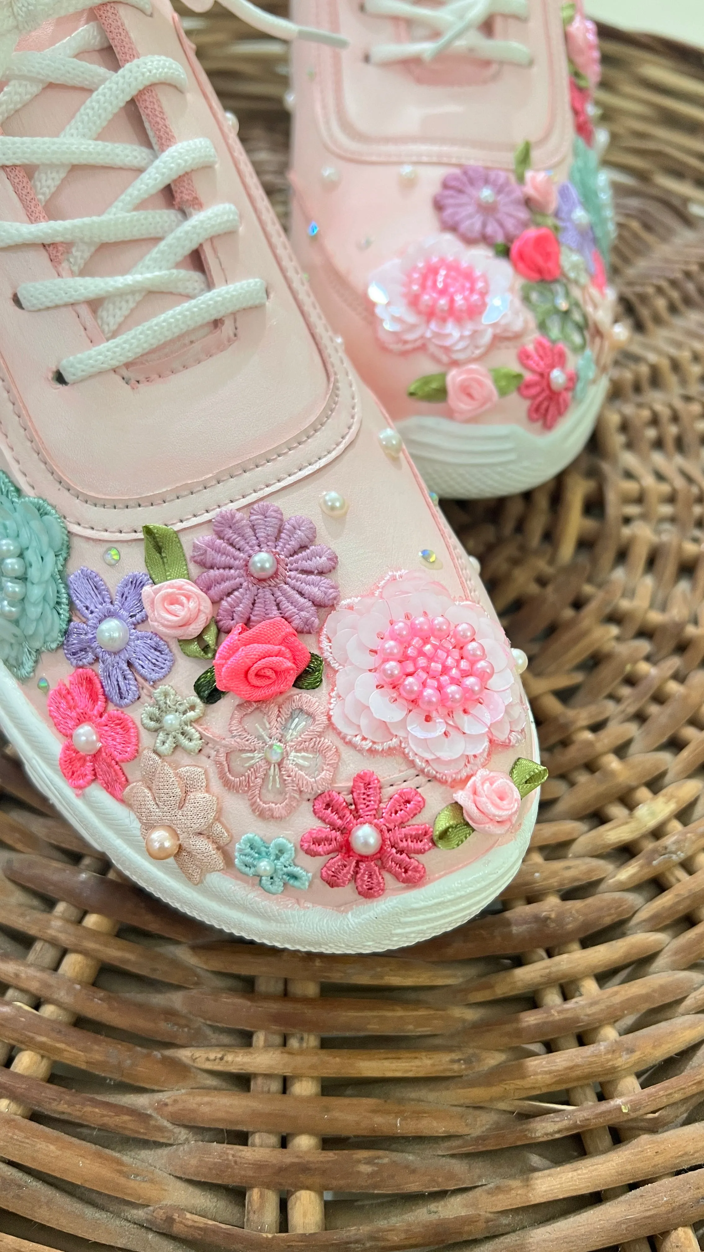 FUNKY N TRENDY hand embroidered floral work sneakers/ soft peach sneakers /bridal shoes / bridal sneakers / floral sneakers/flower shoes /bridesmaid sneakers/ pink shoes / pink sneakers/ peach sneakers