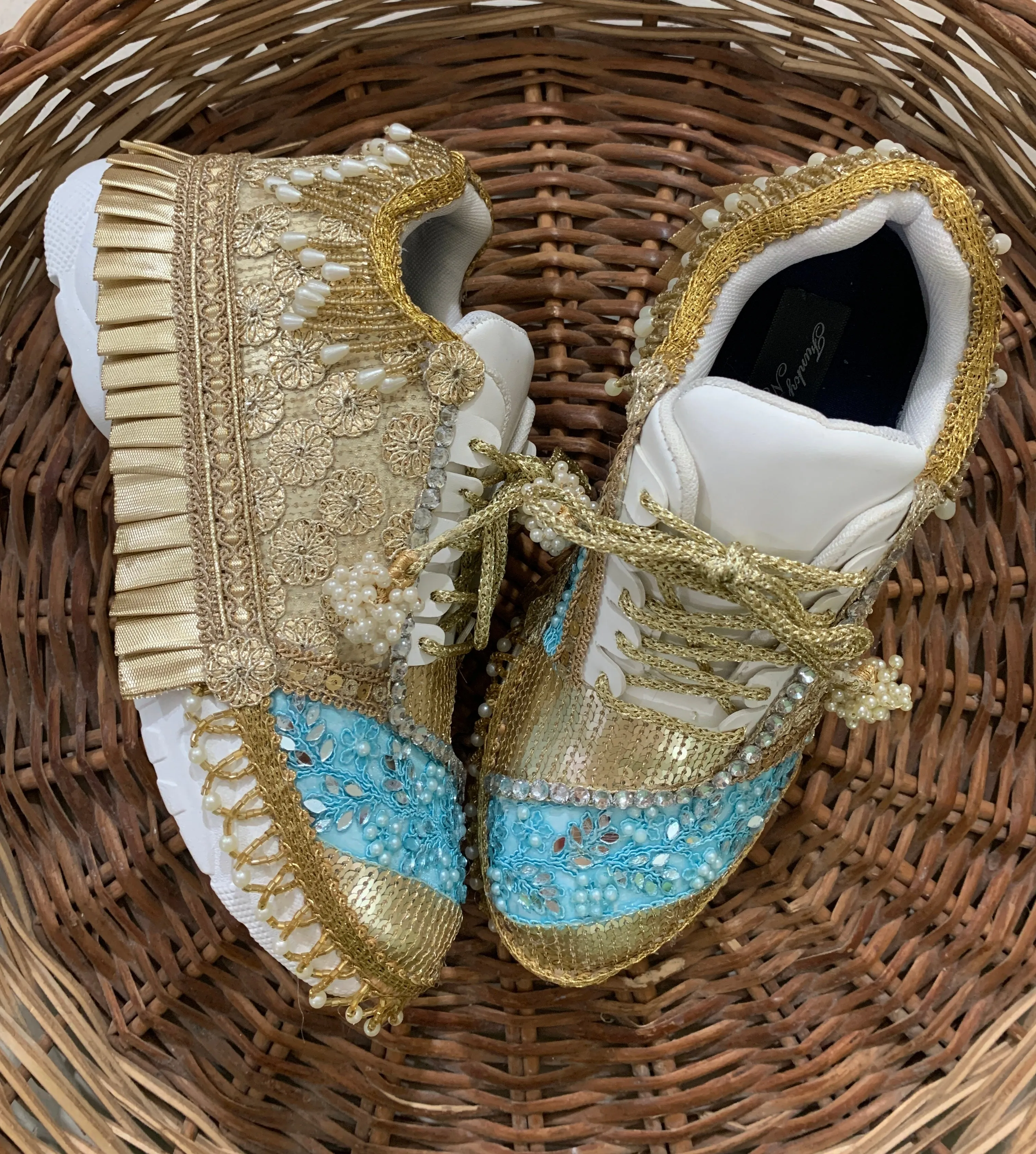 FUNKY N TRENDY sky blue and golden bridal sneakers / bridesmaid sneakers