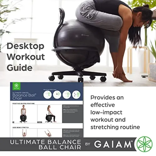 Gaiam Ultimate Balance Ball Chair - Premium Exercise Stability Yoga Ball Ergonomic Chair for Home and Office Desk with Reinforced Base, Air Pump, Exercise Guide, Black