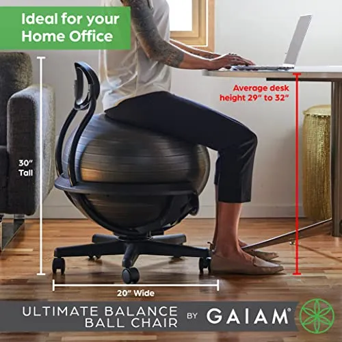 Gaiam Ultimate Balance Ball Chair - Premium Exercise Stability Yoga Ball Ergonomic Chair for Home and Office Desk with Reinforced Base, Air Pump, Exercise Guide, Black