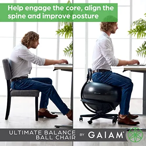 Gaiam Ultimate Balance Ball Chair - Premium Exercise Stability Yoga Ball Ergonomic Chair for Home and Office Desk with Reinforced Base, Air Pump, Exercise Guide, Black