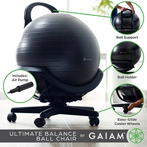 Gaiam Ultimate Balance Ball Chair - Premium Exercise Stability Yoga Ball Ergonomic Chair for Home and Office Desk with Reinforced Base, Air Pump, Exercise Guide, Black