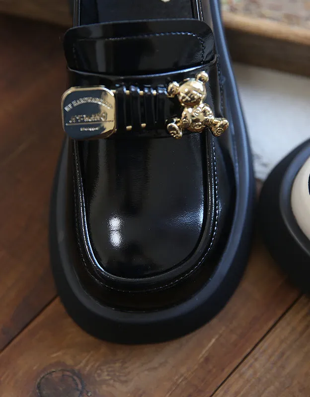 Gold-plated Bear Pin Decor Chunky Heels Mary Jane Shoes