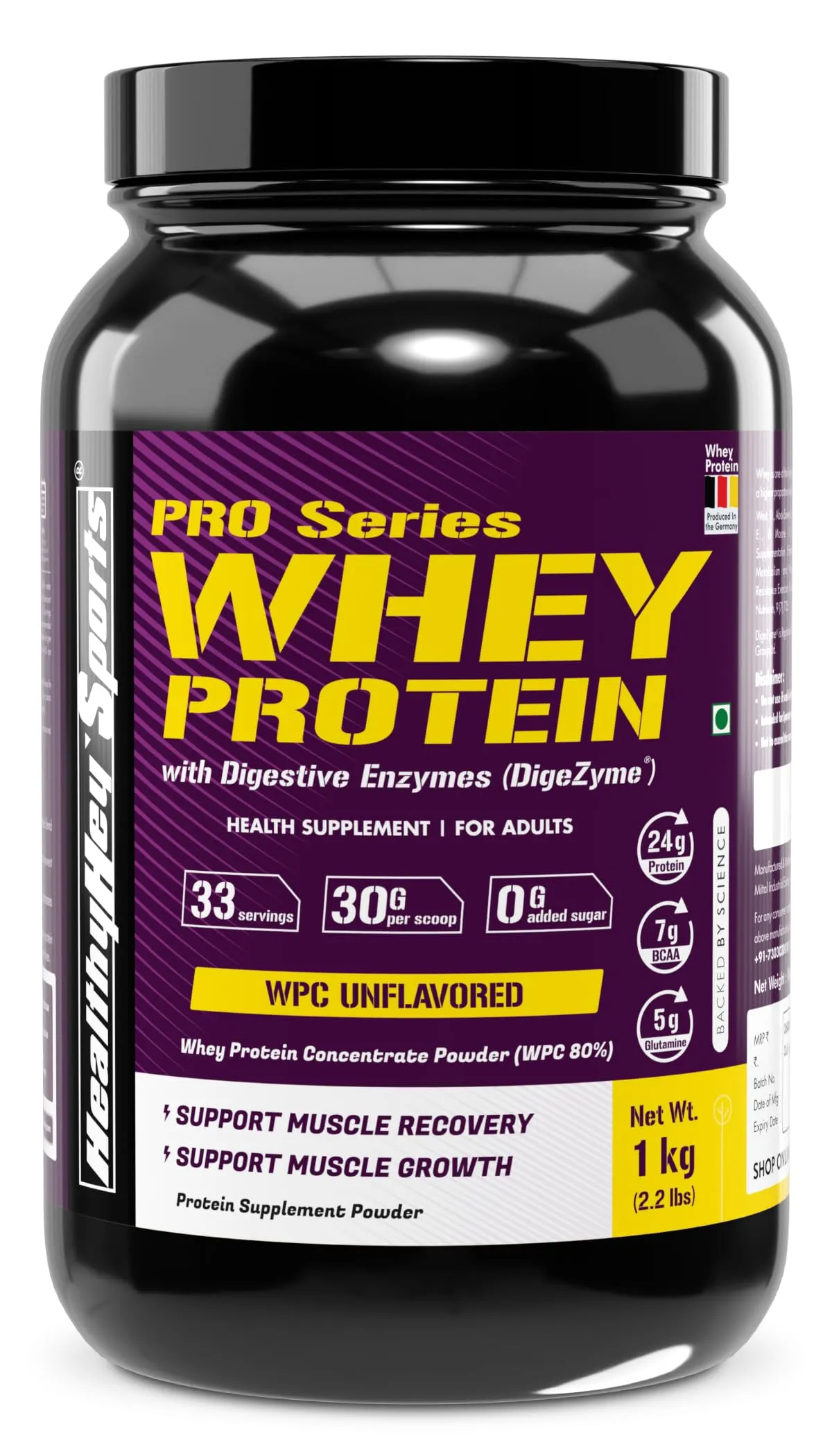 HealthyHey Sports Whey Protein Concentrate - Helps in Muscle Synthesis (Unflavoured, 1kg)