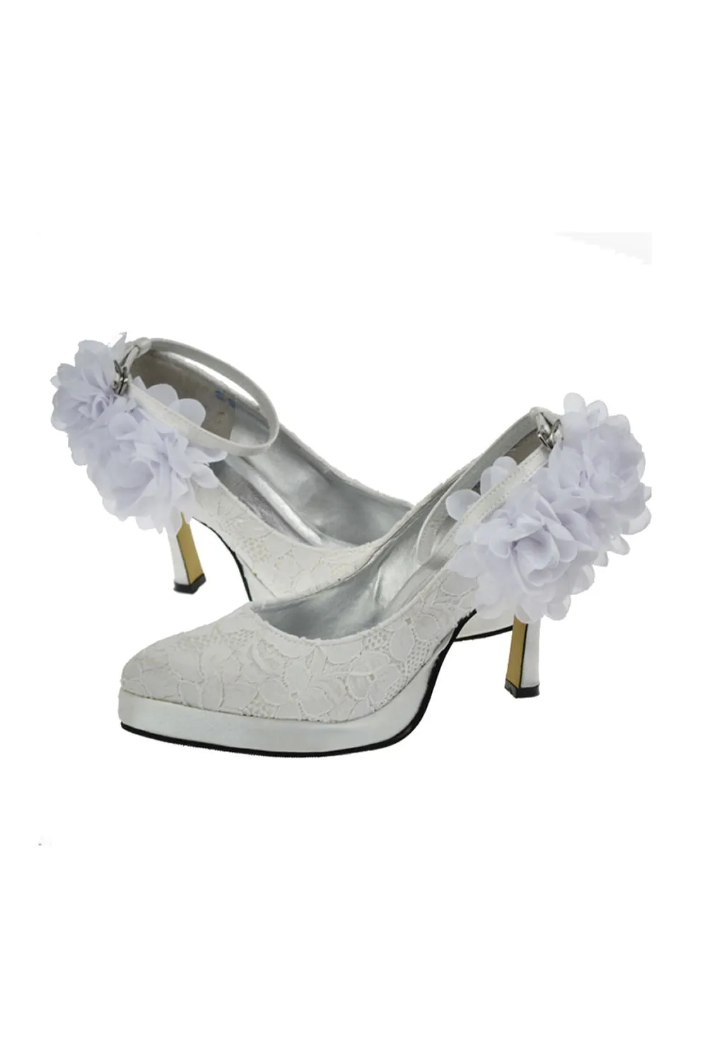 Ivory Lace Ankle Strap Shoes With White Flowers S30