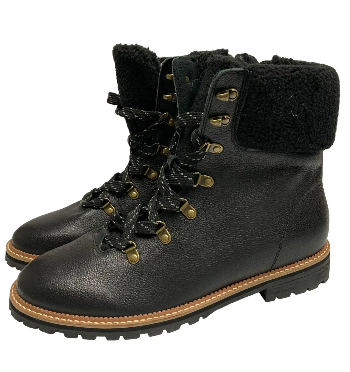 Lands End Black Leather Boots Sherpa Lining Around the Ankle