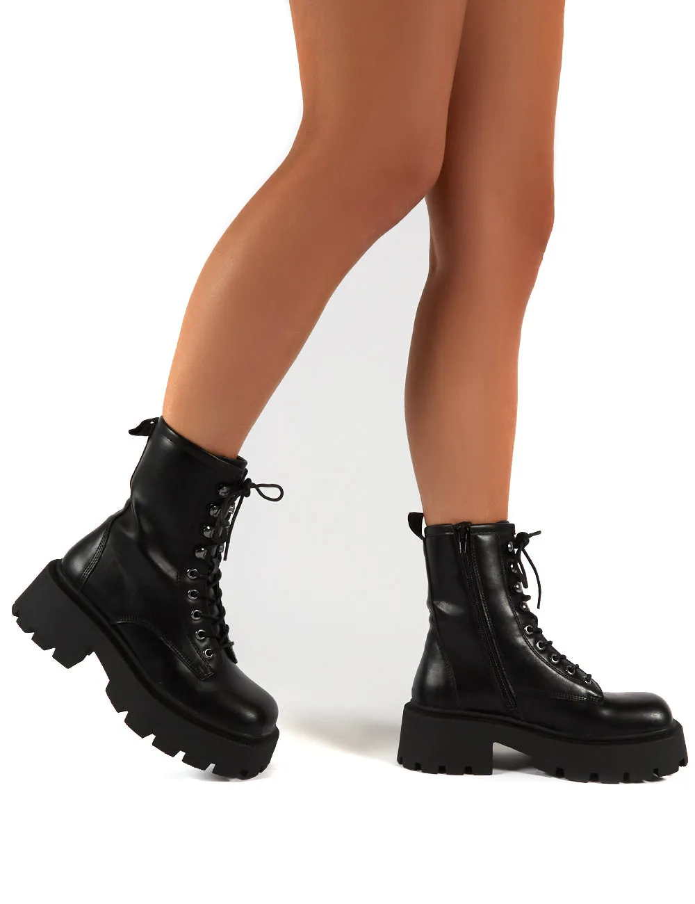 Leader Black Lace Up Chunky Sole Biker Boots