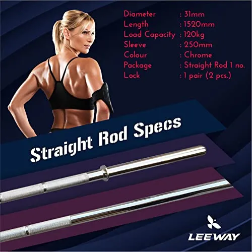 LEEWAY Solid Chrome 5 FT-STRAIGHT & 3FT CURL BAR 28mm Gym Rod with Locks, Weight Lifting Bar, Standard Weight Bar, Gym Rod, Fitness Bar, Barbell Rod for Weights, Steel Gym Rod, Gym Bar (5 FT-STRAIGHT & 3FT CURL BAR (28 MM) - SILVER)