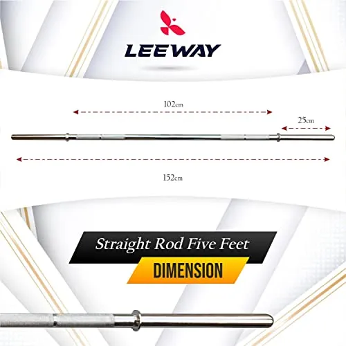 LEEWAY Solid Chrome 5 FT-STRAIGHT & 3FT CURL BAR 28mm Gym Rod with Locks, Weight Lifting Bar, Standard Weight Bar, Gym Rod, Fitness Bar, Barbell Rod for Weights, Steel Gym Rod, Gym Bar (5 FT-STRAIGHT & 3FT CURL BAR (28 MM) - SILVER)