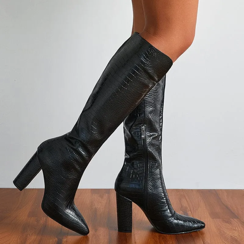 Minimalist Croc Embossed Side Zipper Boots