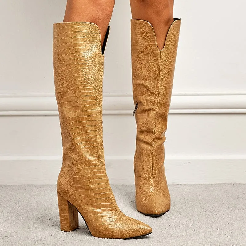 Minimalist Croc Embossed Side Zipper Boots