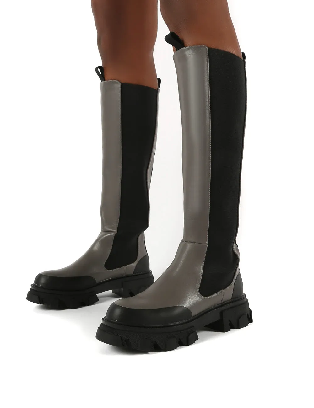 Monique Grey Chunky Sole Knee High Boots