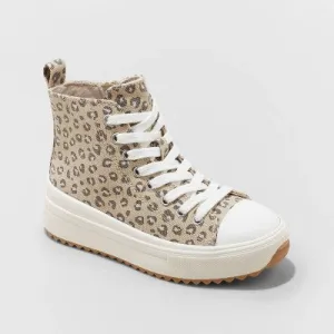 New - Girls' Blakely Leopard Print High Top Lace-Up Zipper Sneakers - art class 5