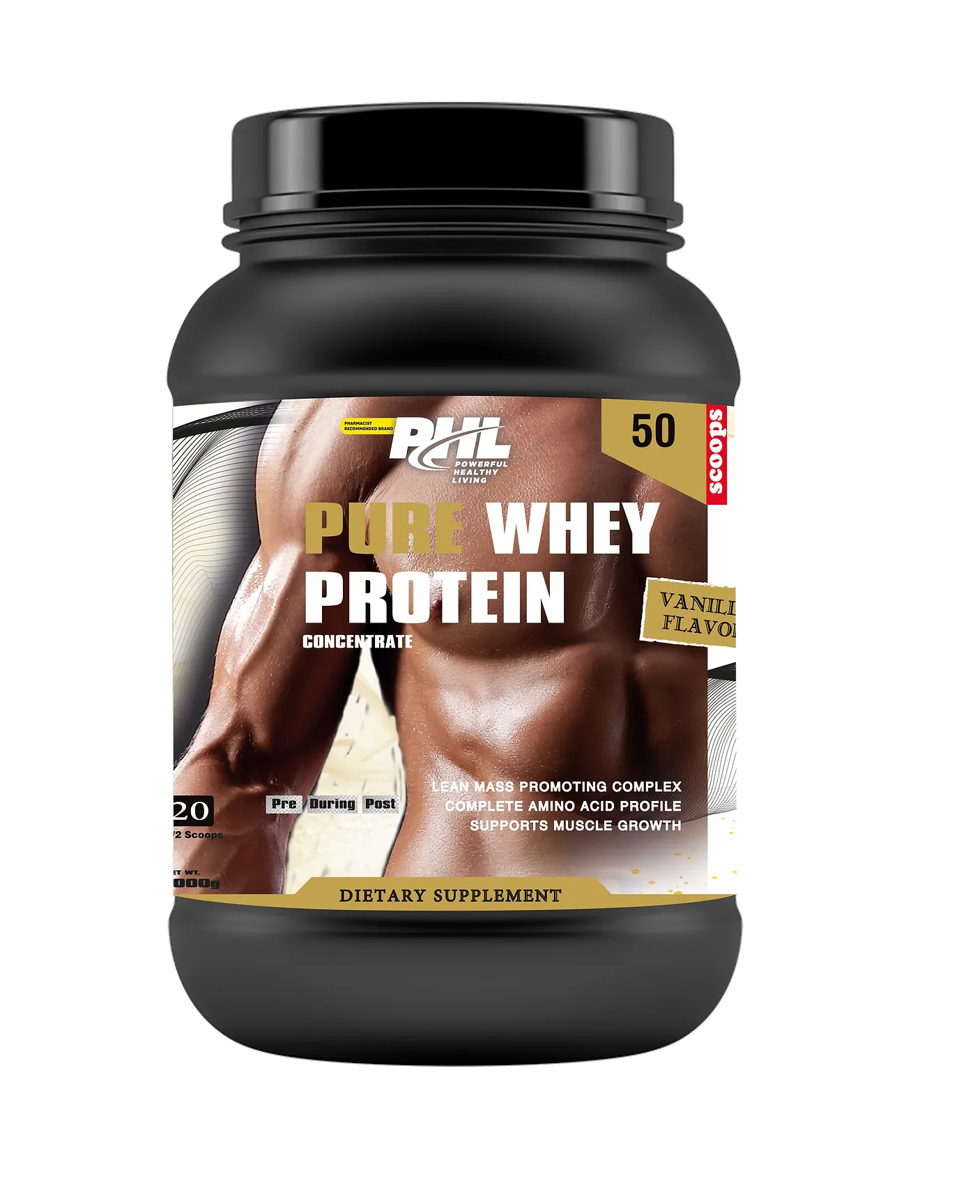 PHL Pure Whey Protein Powder, 2lbs 50 Servings - Vanilla