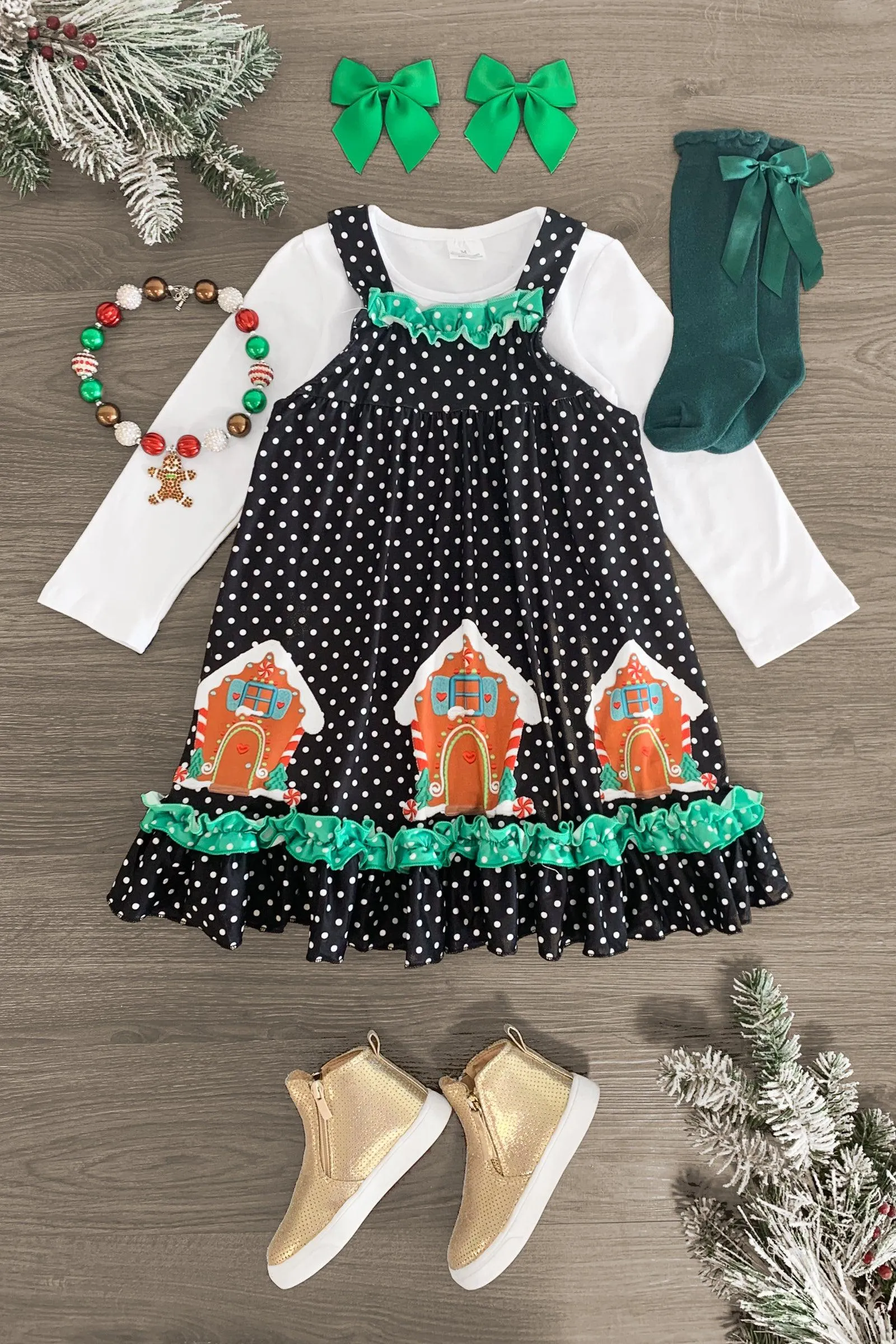 Polka Dot Gingerbread House Dress Set