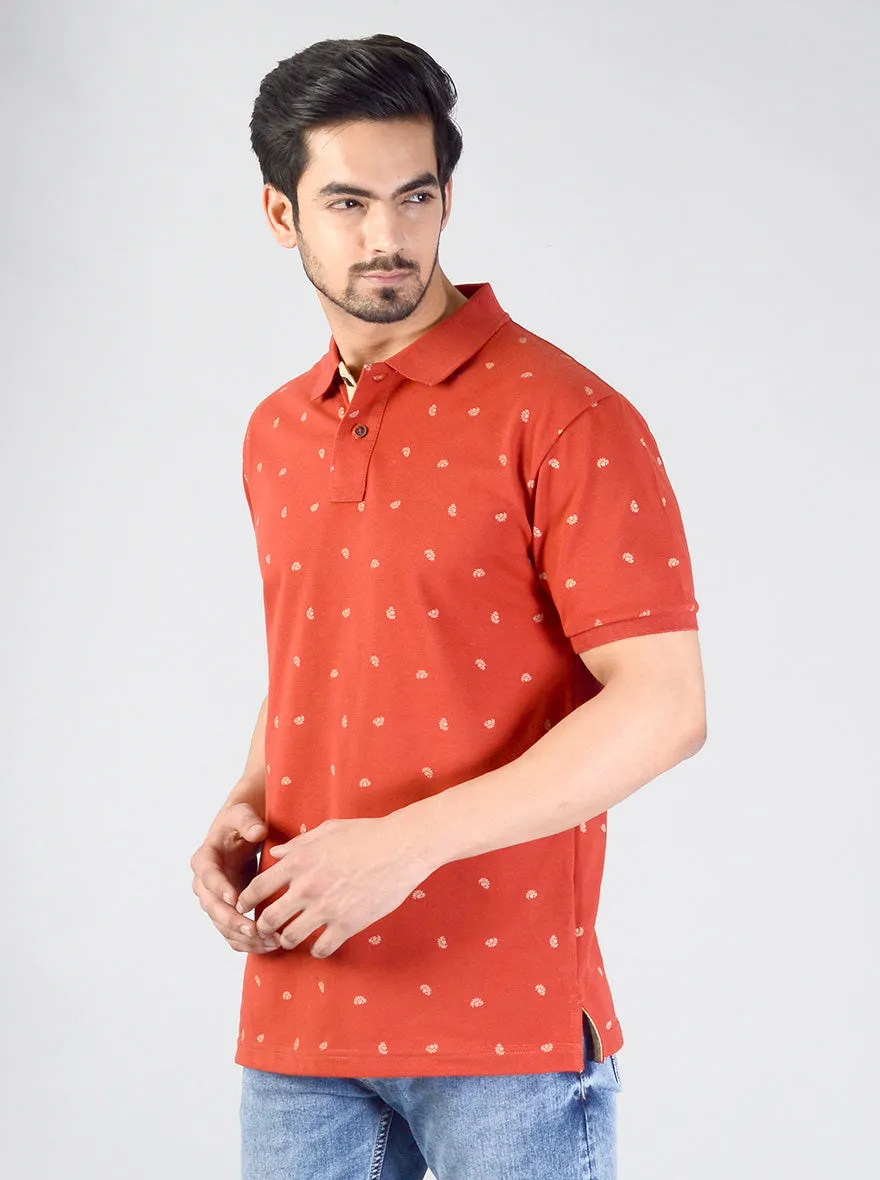 Pompeian Red Printed Slim Fit Polo T-shirt | Greenfibre