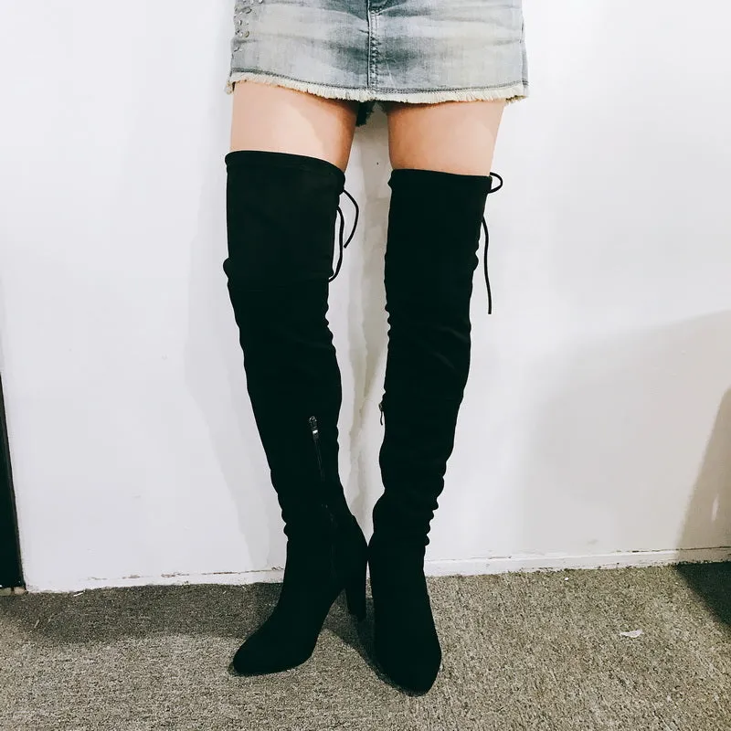 Pretty Women Over the Knee Boots Flock Elastic Brand Pointed Toe Fashion Boots Zipper Black Women Shoes