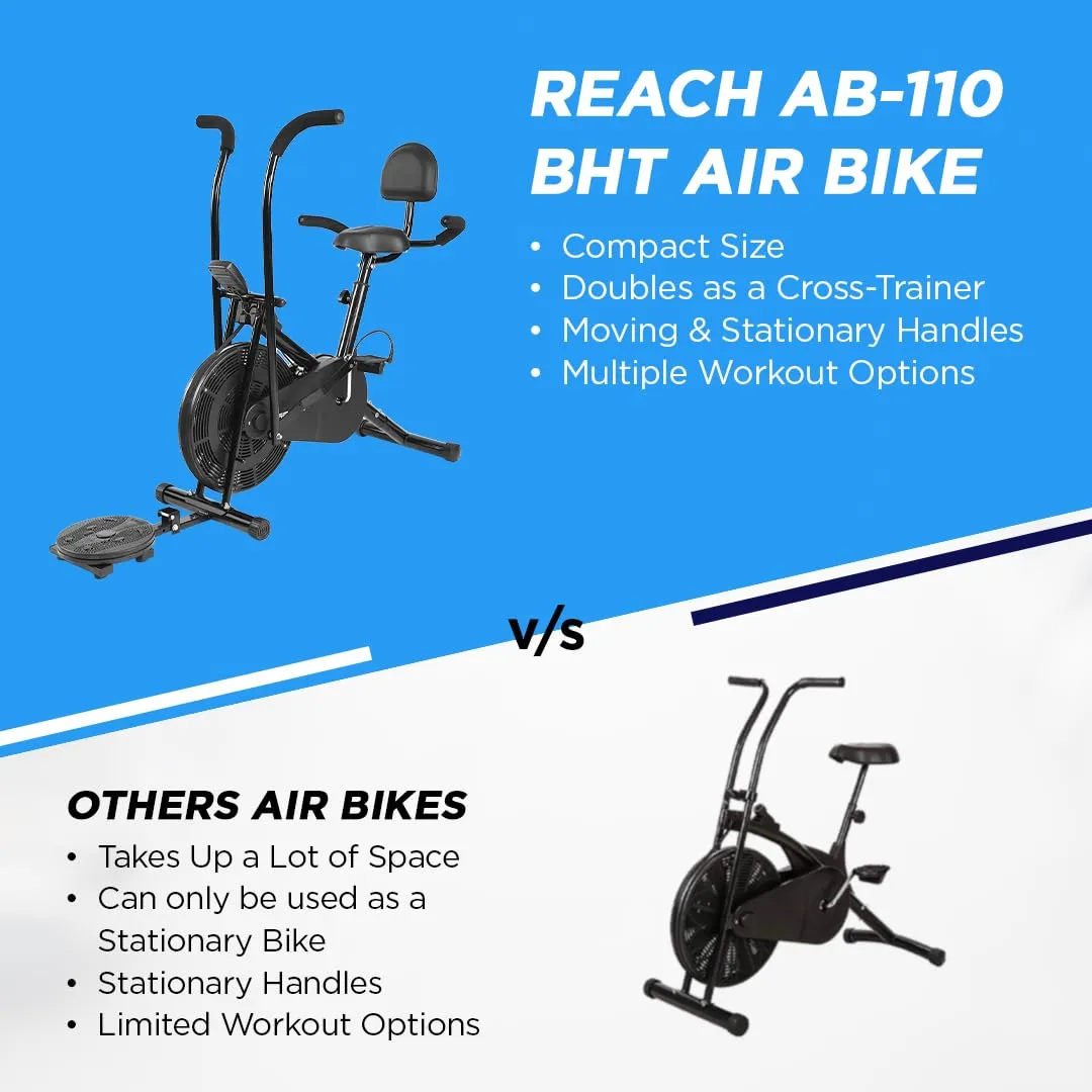 Reach AB-110 BHT Air Bike Exercise Cycle with Moving or Stationary Handle | with Back Support Seat   Side Handle   Twister | Adjustable Resistance with Cushioned Seat | Fitness Cycle for Home Gym