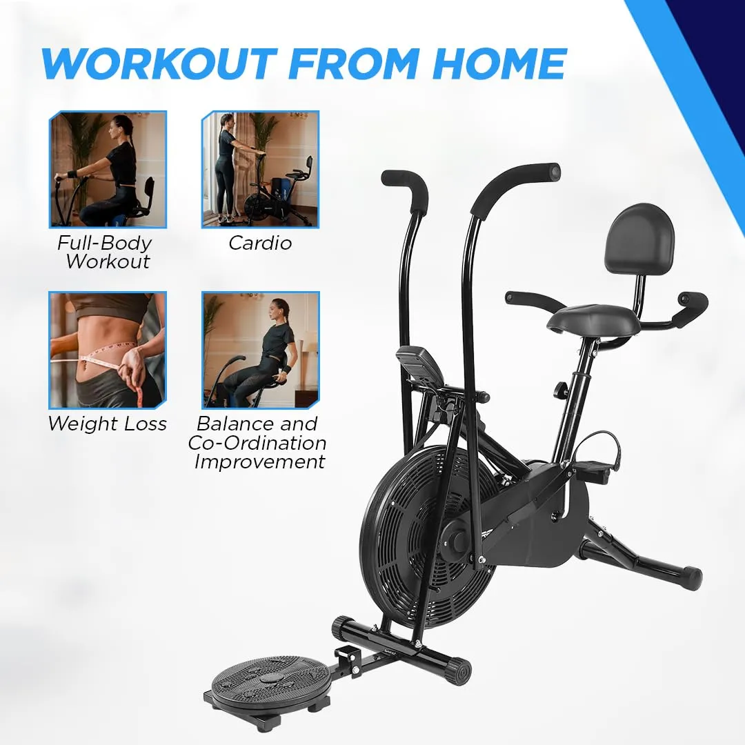 Reach AB-110 BHT Air Bike Exercise Cycle with Moving or Stationary Handle | with Back Support Seat   Side Handle   Twister | Adjustable Resistance with Cushioned Seat | Fitness Cycle for Home Gym