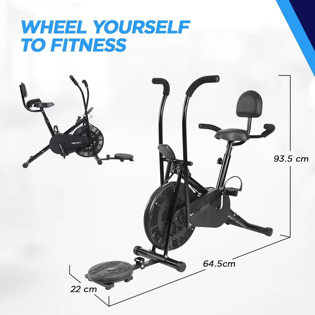 Reach AB-110 BHT Air Bike Exercise Cycle with Moving or Stationary Handle | with Back Support Seat   Side Handle   Twister | Adjustable Resistance with Cushioned Seat | Fitness Cycle for Home Gym