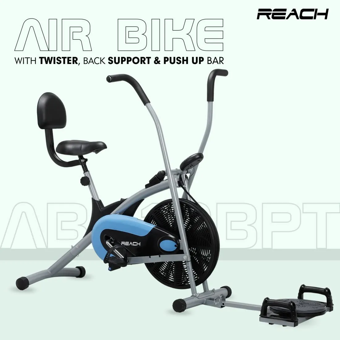 Reach AB-110 BPT Air Bike Exercise Cycle for Home Gym | with Push Up Bar & Twister | Adjustable Resistance & Seat with Back Support | Fitness Machine with Moving & Stationary Handles