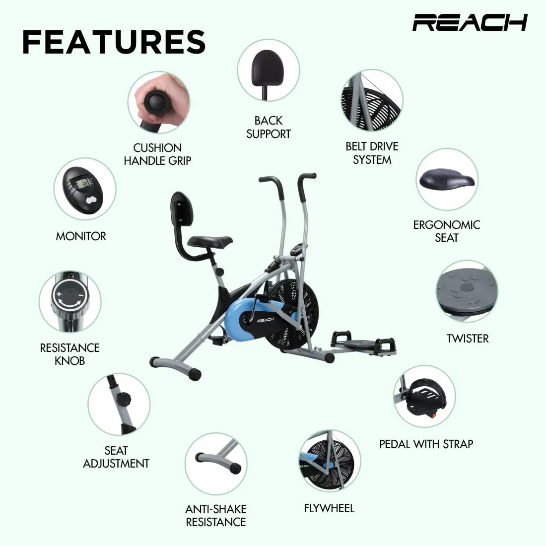 Reach AB-110 BPT Air Bike Exercise Cycle for Home Gym | with Push Up Bar & Twister | Adjustable Resistance & Seat with Back Support | Fitness Machine with Moving & Stationary Handles