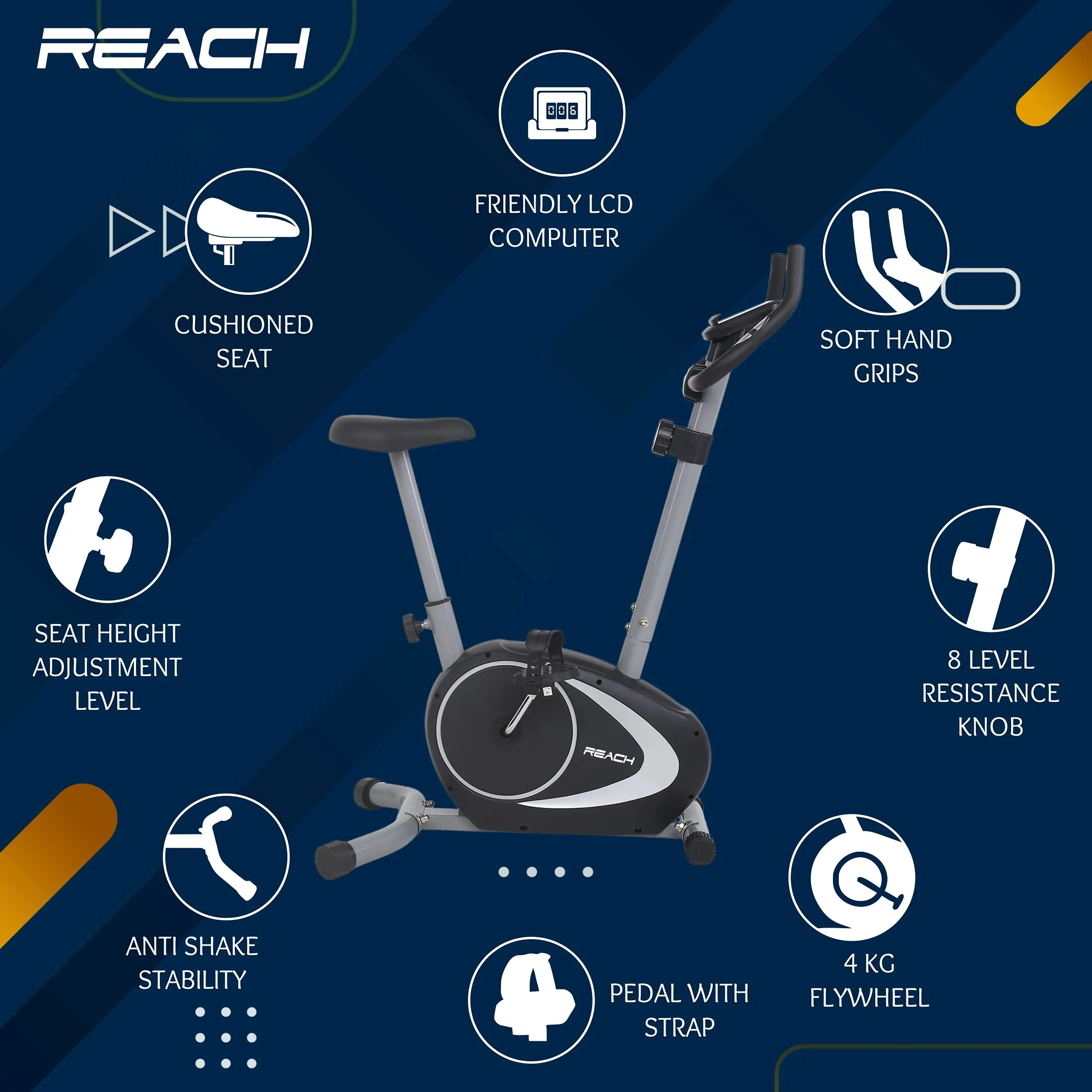 Reach B-202 Magnetic Exercise Cycle with 4 kg Flywheel | Upright Stationary Bike for Cardio & Fitness | Adjustable Magnetic Resistance with Cushioned Seat | LCD Screen | Max User Weight 100kg