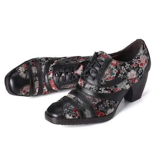 Retro Flower Low Heel Pumps