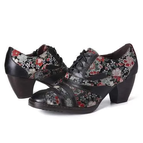 Retro Flower Low Heel Pumps